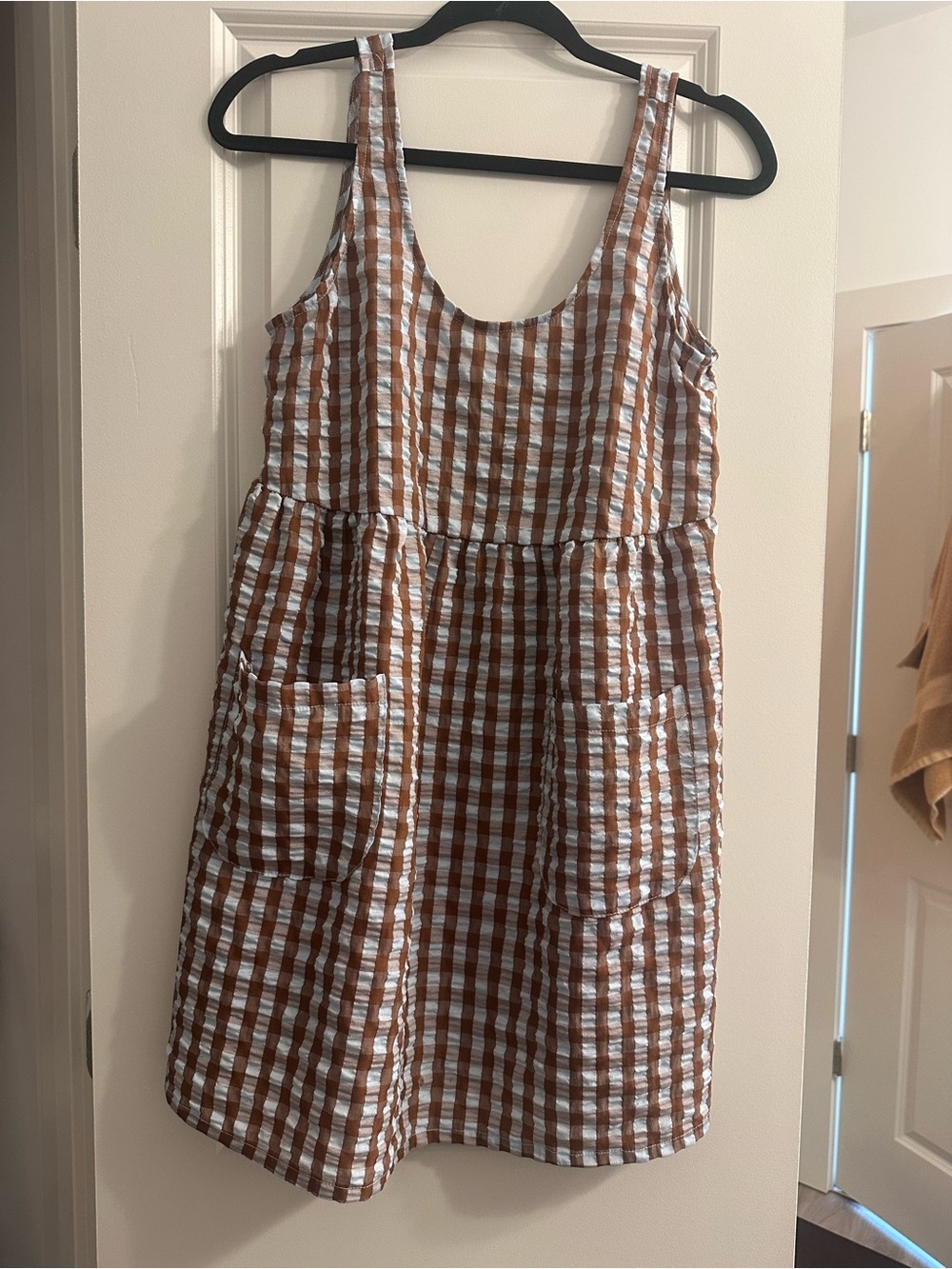 Urban Outfitters Brown and White Gingham Pinafore Dress